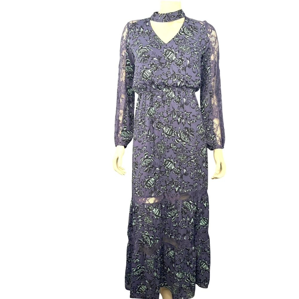 Belle Sky Maxi Dress Womens XS‎ Purple Floral Lace Sleeve Choker Neck Boho Long